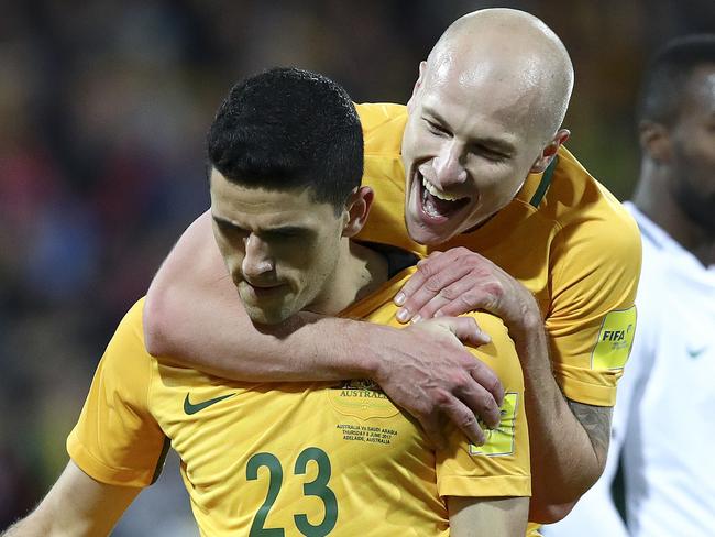 SOCCER - Socceroos v Saudi Arabia - World Cup qualifier at Adelaide Oval. Tomas Rogic gets third goal. Aaron Mooy celebrates with him. Picture Sarah Reed.