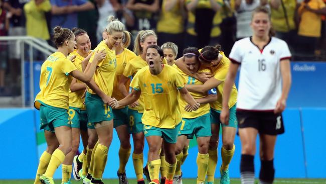 Samantha Kerr #15 of Australia celebrates after a goal by Caitlin Foord #9.