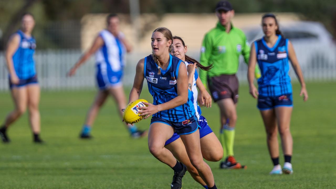 Lucy Nicolai with the ball as the Rovers women pull off an important win in Round 6 of the 2023 CAFL. Picture: Charlie Lowson / AFLNT Media