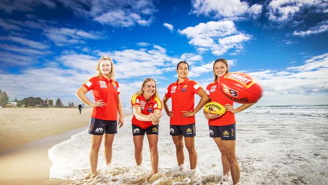 AFLW Gold Coast draftees Wallis Randell, 19, Annise Bradfield, 17, Lucy Single, 18 and Maddison Levi, 18. Picture: NIGEL HALLETT