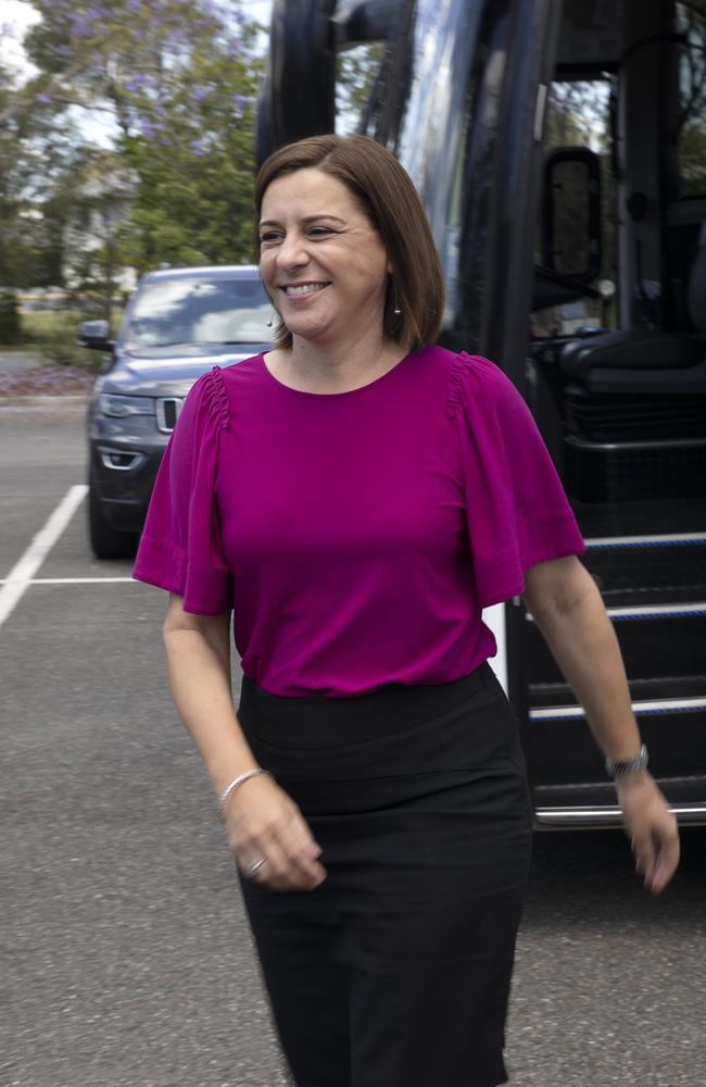 Queensland LNP opposition Leader Deb Frecklington visits a pre-polling booth in the seat of Aspley with LNP candidate Amanda Cooper. Picture: NCA NewsWire / Sarah Marshall