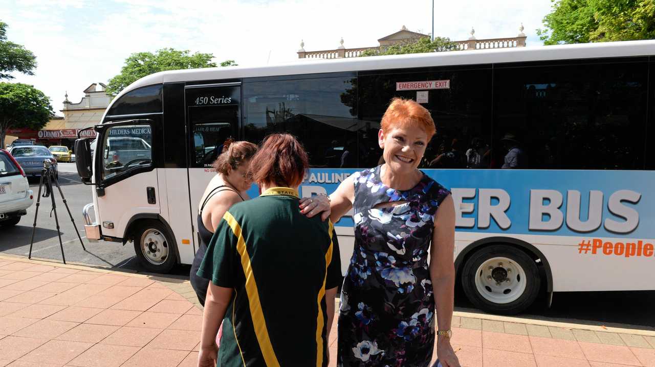 Pauline Hanson arrived in Childers on the Battler Bus to campaign with Burnett candidate Ashley Lynch and talk to the people. Picture: Craig Warhurst