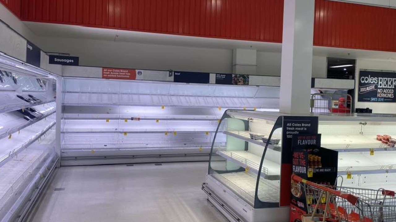 Coles fresh and refrigerated produce shelves were left empty on Monday. Photo: Facebook