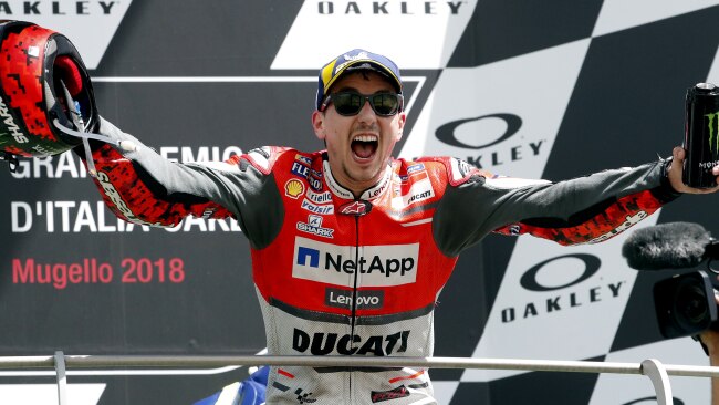 Jorge Lorenzo celebrates his first MotoGP win since 2016.