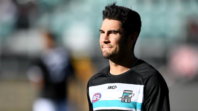 Port Adelaide's Chad Wingard head of the game against Hawthorn at UTAS Stadium. Picture: AAP Image/Tracey Nearmy