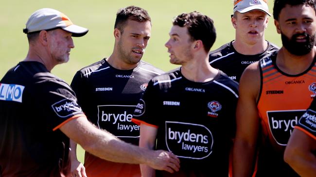 DAILY TELEGRAPH - 18 NOVEMBER, 2021. Wests Tigers hold a closed training session at Leichardt Oval with the full squad back for their first full training run together. Luke Brooks (2nd from L) back on his first day of training.  Picture: Toby Zerna