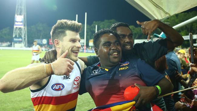 Adelaide’s Bryce Gibbs celebrates winning the round 11 AFL match against Melbourne at TIO Stadium. Picture: Scott Barbour/Getty Images.