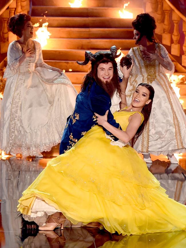 Host Adam DeVine and actor Hailee Steinfeld perform onstage during the 2017 MTV Movie And TV Awards at The Shrine Auditorium on May 7, 2017 in Los Angeles, California. Picture: Getty