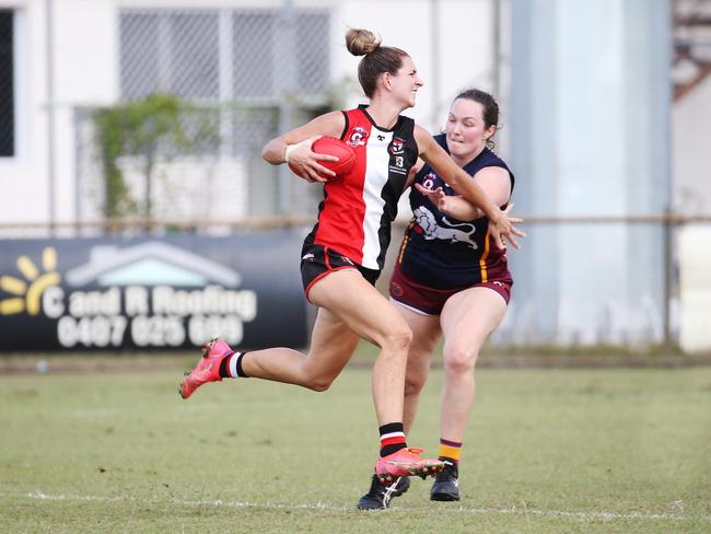 Akayla Peterson returned for the Saints in the AFL Cairns Women's match between the Cairns Saints and the Cairns City Lions, held at Griffiths Park, after playing for Carlton in the Women's VFL competition. Picture: Brendan Radke