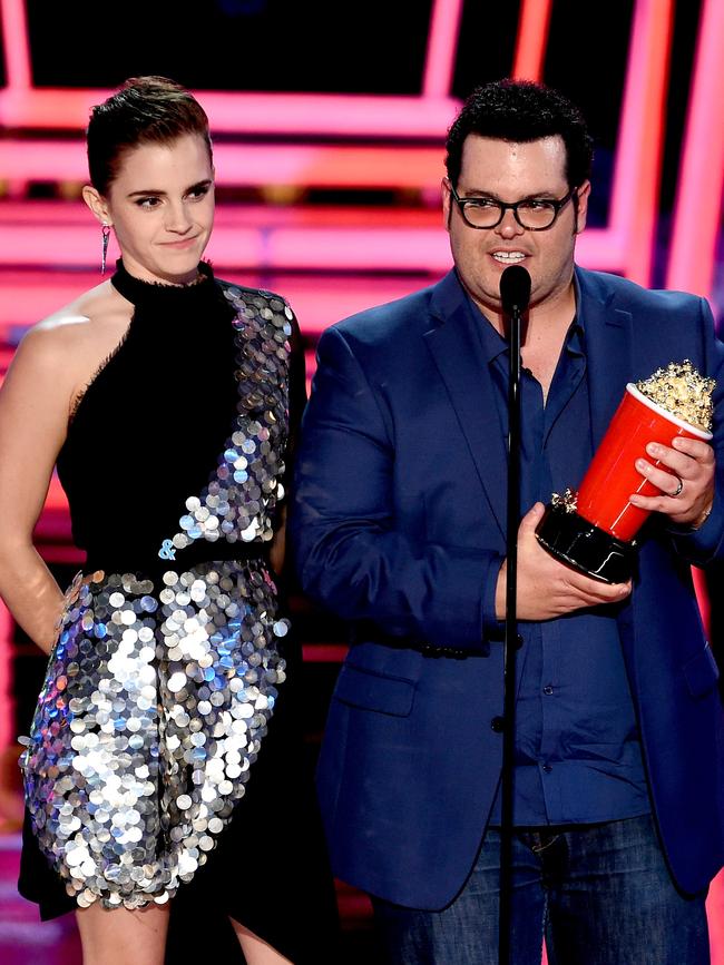 Emma Watson and Josh Gad accept Movie of the Year for ‘Beauty and the Beast’ onstage during the 2017 MTV Movie And TV Awards at The Shrine Auditorium on May 7, 2017 in Los Angeles, California. Picture: Getty