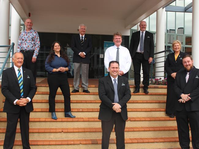 The new Gladstone Regional Council. (Back) Chris Trevor, Chris Cameron, Rick Hansen (middle) Natalia Muzkat, Darryl Branthwaite, Desley O'Grady (front) Glenn Churchill, Mayor Matt Burnett and Deputy Mayor Kahn Goodluck outside the council chambers on April 14, 2020.