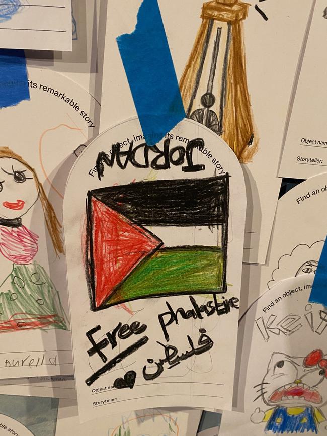 Images of a children's art display at the Powerhouse museum earlier this month. Some were clearly written by adults -- calls to wipe out Israel - 