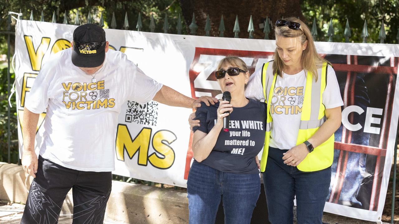 The daughter of Vyleen White, Cindy Micallef, at Voice for Victims rally. Her mother was allegedly killed in an Ipswich shopping centre car park. Picture: Richard Walker