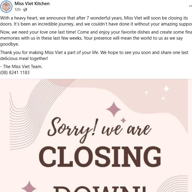 Miss Viet Kitchen announces closure on social media. Picture: Instagram/Facebook