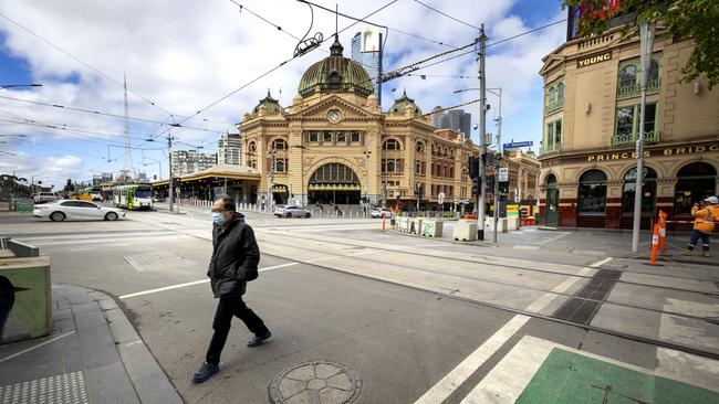 A near-deserted Melbourne CBD during the city’s final days of lockdown in October 2021. Picture: David Geraghty