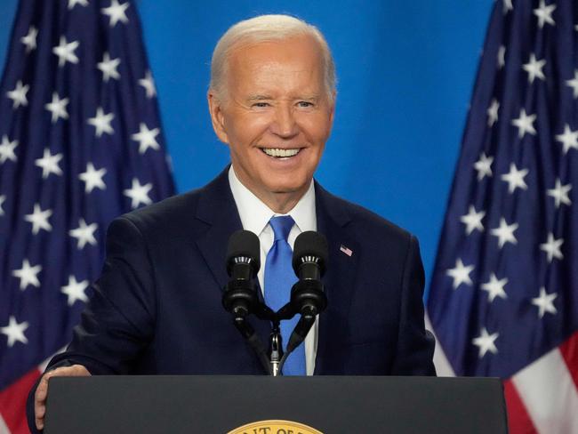 Joe Biden during a fighting news conference late Thursday after the NATO summit. Picture: AFP