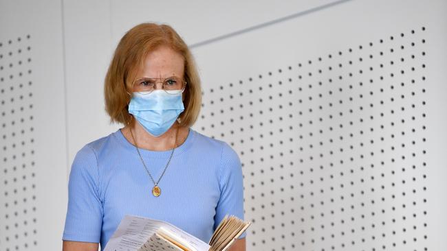 Queensland’s Chief Health Officer Dr Jeannette Young wearing a face mask before giving a briefing on the second day of a Greater Brisbane COVID-19 lockdown. Photo: Dan Peled.