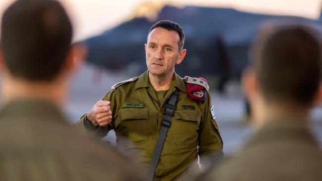 Chief of the General Staff Lieutenant General Herzi Halevi speaking to military officers at Nevatim airbase in southern Israel in April. Picture: IDF/AFP