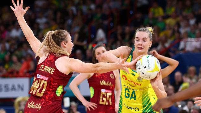 BKiera Austin of Australia passes during game three of the International Test Match series between the Australia Diamonds and England Roses.