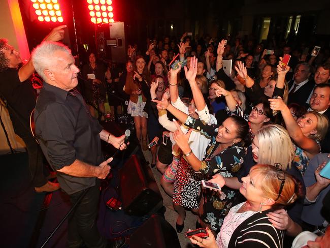 Daryl Braithwaite performing as Labor MP Anne Aly sings with other MP's and staff at the Parliamentary Friends of Australian Music event at Parliament House in Canberra. Picture: Kym Smith