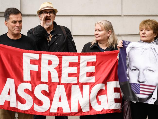 Supporters of the WikiLeaks founder Julian Assange gather to show their solidarity ahead of his expected appearance by video-link in June. Picture: Getty