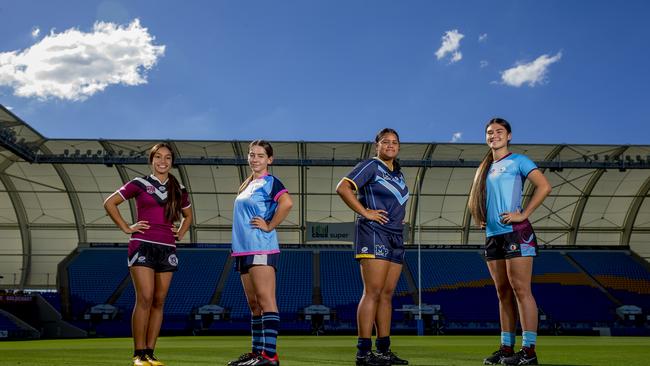 Titans Cup rugby league preview. Leilani Taofinuu, 13 (Marsden), Lily Prendergast, 17 (Marymount College), Jaydah Tofae, 15 (Mabel Park SHS), and Sunny Gerrard, 17 (Keebra Park SHS) at Cbus Super Stadium, Robina. Picture: Jerad Williams