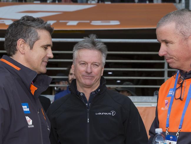 Then GWS Giants coach Leon Cameron, Steve Waugh and Gavin Robertson after an AFL game in 2019.