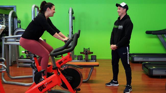 Adam Hrehoresin trains Sam Sonogan in his boutique gym, Bodytek, at Sunshine, in Melbourne’s west. Picture: Aaron Francis