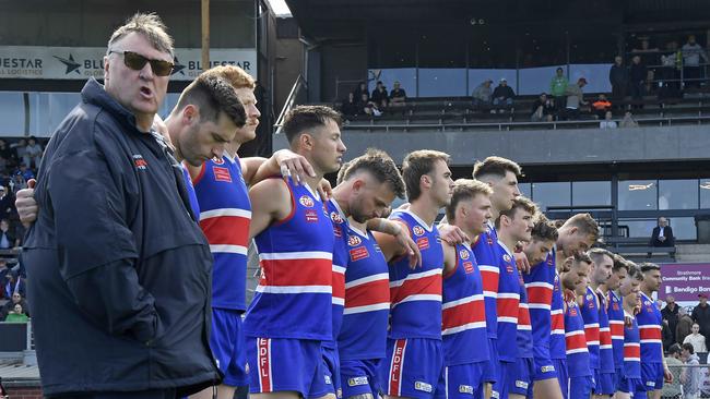 Keilor players before the EDFL Premier Division grand final between Keilor and Strathmore at Windy Hill in Essendon, Saturday, Sept. 23, 2023. Picture: Andy Brownbill