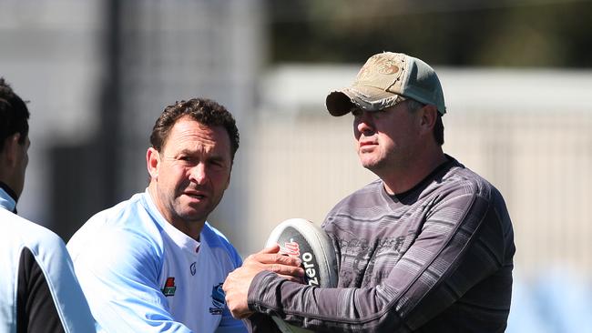 Coach Ricky Stuart (L) with friend and former player Dean Pay, who he called upon for assistance this week, during Cronulla Sharks NRL training session at Toyota Park, Cronulla in Sydney. Picture: Phil Hillyard