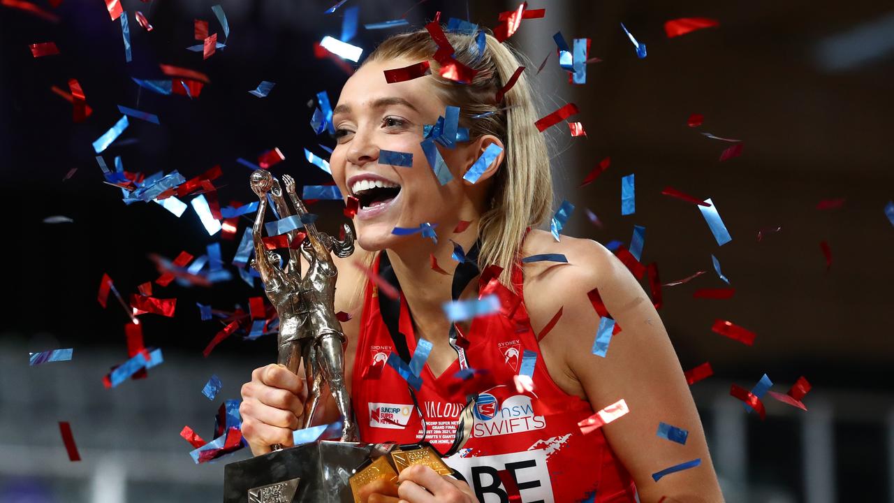 Helen Housby of the Swifts celebrates after the Swifts defeated the Giants during the 2021 Super Netball Grand Final. Photo: Getty Images