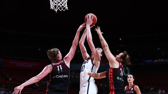 Breanna Stewart drives to the basket during Team USA’s massive win. Picture: Getty