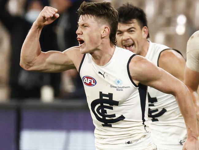 MELBOURNE, AUSTRALIA - JULY 03: Sam Walsh of the Blues celebrates a goal during the round 16 AFL match between Fremantle Dockers and Carlton Blues at Melbourne Cricket Ground on July 03, 2021 in Melbourne, Australia. (Photo by Daniel Pockett/AFL Photos/via Getty Images)