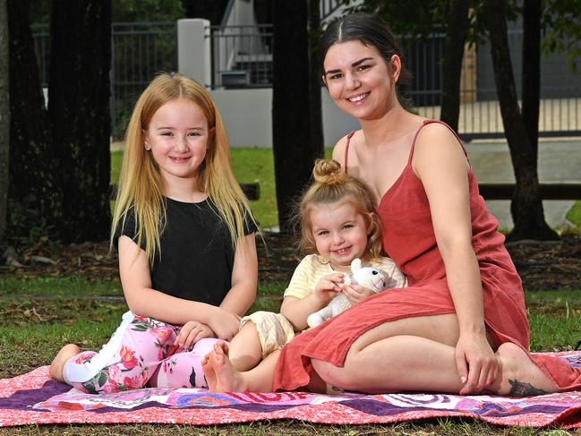 Kate Rendon of Holland Park West with kids Olivia, 7, and Alice, 2. Picture: AAP/John Gass