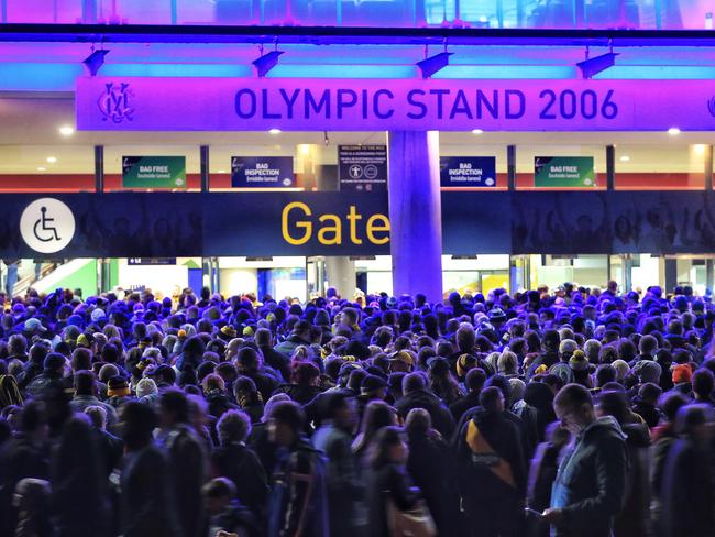 Crowds build outside gate 3 about 7pm. Picture: Mark Stewart