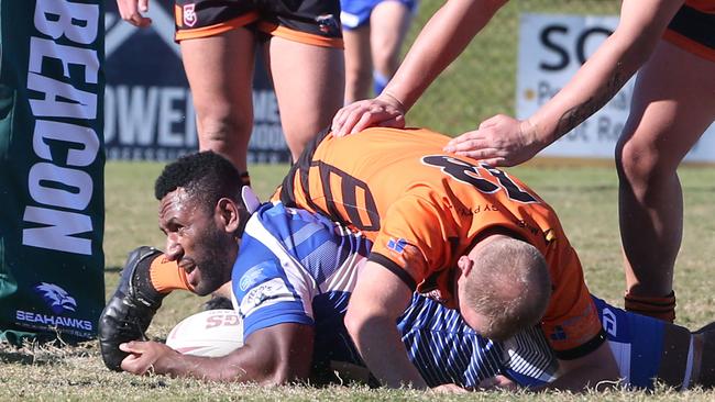 Tugun Seahawks (blue) vs. Southport Tigers at Tugun. Reserve Grade. Joseph Tangeria scoring. 6 June 2021 Tugun Picture by Richard Gosling