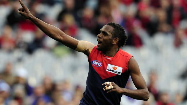 Liam Jurrah celebrates a goal at the MCG.