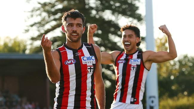 ADELAIDE, AUSTRALIA - APRIL 07: Riley Bonner of the Saints celebrates a goal with Mitch Owens of the Saints during the 2024 AFL Round 04 match between the Richmond Tigers and the St Kilda Saints at Norwood Oval on April 07, 2024 in Adelaide, Australia. (Photo by Sarah Reed/AFL Photos via Getty Images)