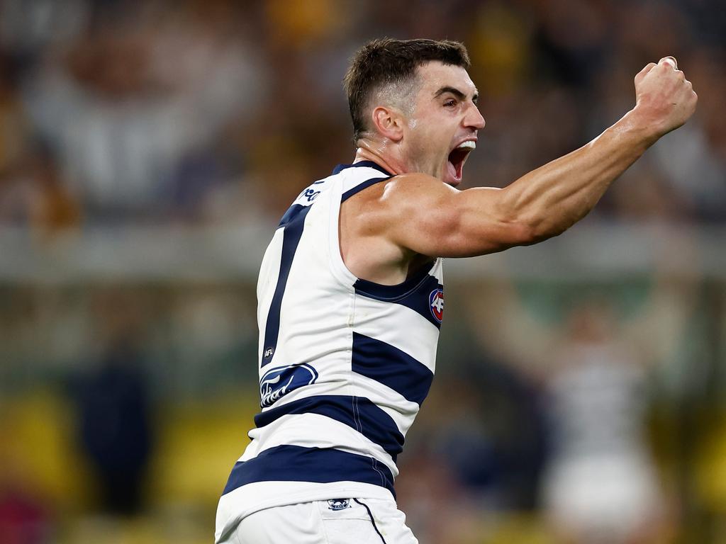 Shaun Mannagh celebrates his sealing goal. Picture: Michael Willson/AFL Photos via Getty Images