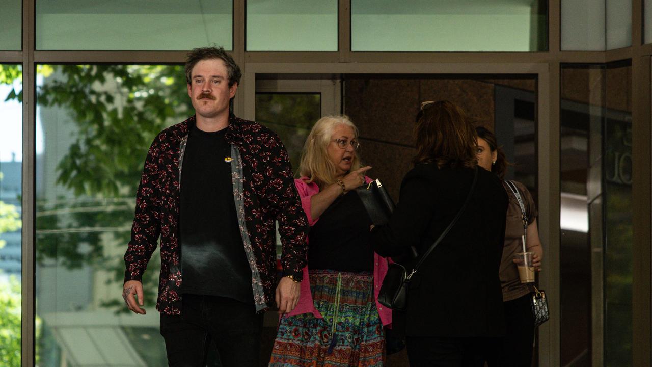 Family and supporters of Mr Sheffield leave the Melbourne Magistrates’ Court with lawyer Jacqueline Kennedy (back turned). Picture: NewsWire / Diego Fedele