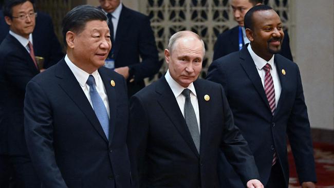 Putin and Chinese President Xi Jinping during the third Belt and Road Forum for International Cooperation in Beijing. Picture: Grigory Sysoyev/POOL/AFP