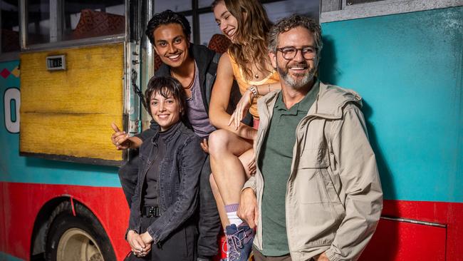 Set visit for Ice Road 2: Road to the Sky. Australian cast members Amelia Bishop, Shaskam Sharma, Grace O’Sullivan and Bernard Curry. Picture: Jake Nowakowski