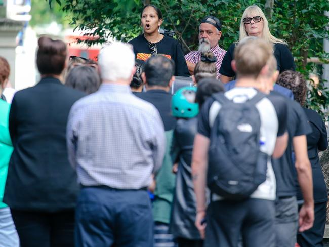 Ruby Wharton from Sisters Inside speaks at a rally at Speakers Corner, outside Parliament House. Picture: Glenn Campbell/NCA NewsWire