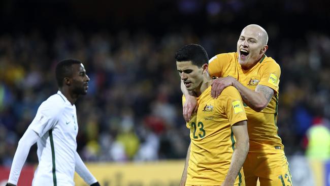 Tom Rogic and Aaron Mooy celebrate. Picture Sarah Reed.
