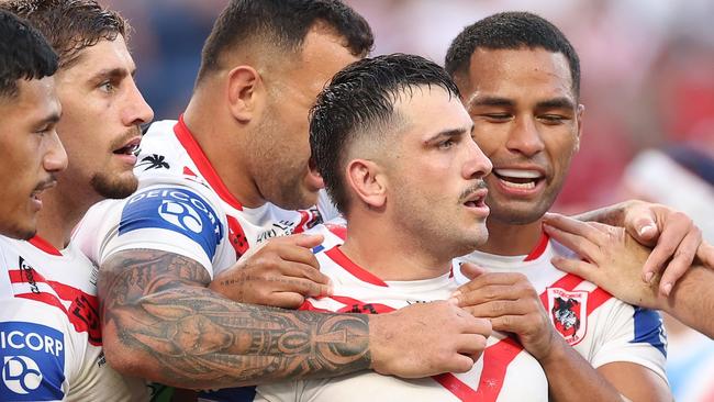 SYDNEY, AUSTRALIA - APRIL 25:  Jack Bird of the Dragons celebrates with team mates after scoring a try during the round eight NRL match between Sydney Roosters and St George Illawarra Dragons at Allianz Stadium on April 25, 2023 in Sydney, Australia. (Photo by Mark Kolbe/Getty Images)