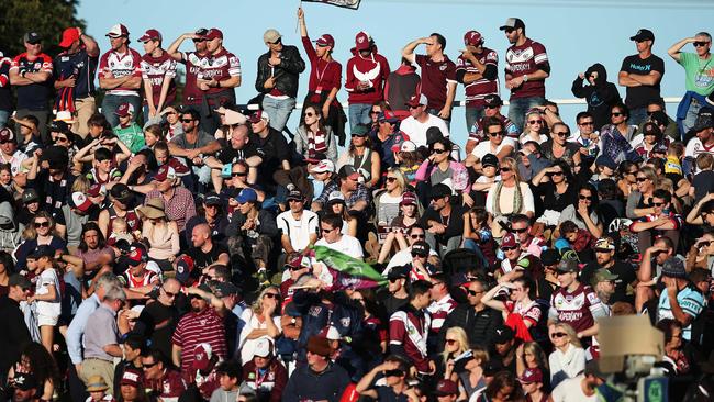 Sea Eagles supporters pack the Brookvale Oval hill for the recent win over Sydney Roosters. Picture: Phil Hillyard