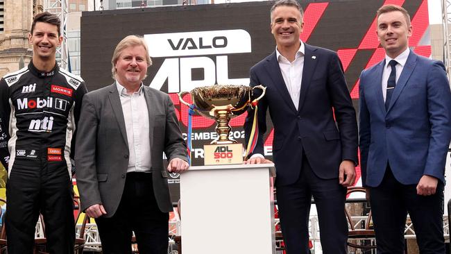 Mr Hickmann, (right) with, from left: V8 driver Nick Percat, Motor Sport Board chief executive Mark Warren and Premier Peter Malinauskas at the Adelaide 500’s official launch in Victoria Square in 2022. Picture: NCA NewsWire / Kelly Barnes