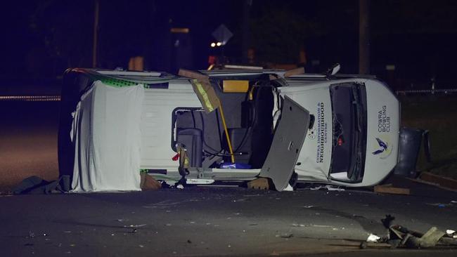 An 84-year-old was killed when a bowls club courtesy club bus rolled on Saturday night. Picture: TNV