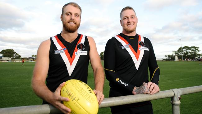 Christies Beach player/co-coach Jacob Crate (L) pictured with co-coach Neil Reeve ahead of this season. Picture: AAP/Morgan Sette