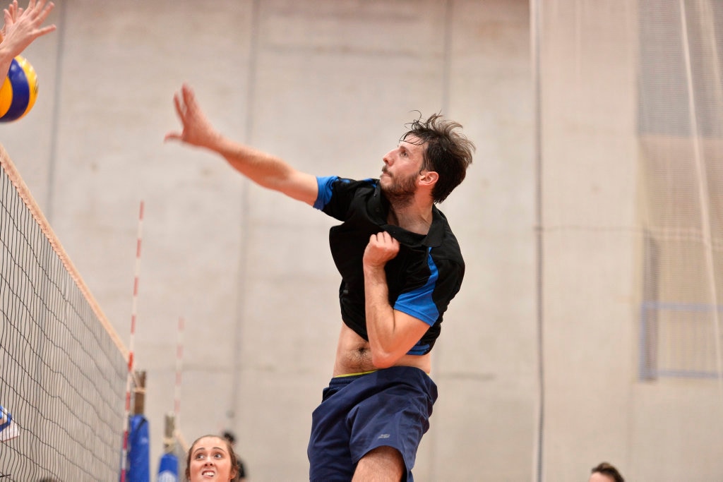 Marco Calderini of Remember the Titans against Brisbane Volleyball Club in the final of the Clash of the Titans volleyball tournament at Harristown State High School gym, Sunday, February 25, 2018. Picture: Kevin Farmer